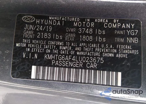 2020 Hyundai Veloster 2.0 z USA, uszkodzony, nr VIN KMHTG6AF4LU023675